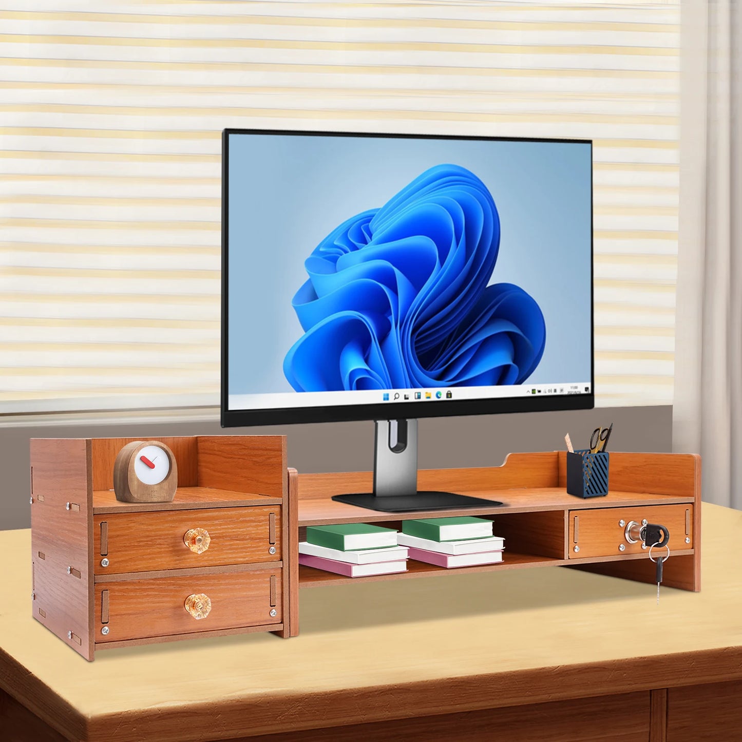 Wooden Desk Organizer W/ Drawer File Storage Desk Monitor Riser Computer Stand