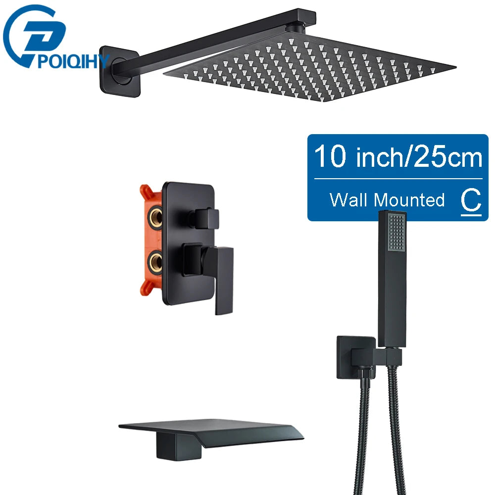 POIQIHY Embedded In Wall Shower Faucet Rainfall Stainless Steel 8/10/12/16" Shower Head Faucet Shower Tap Mixers Matte Black