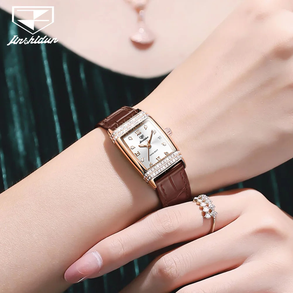 JSDUN Woman Watch Luxury Diamond Dial Comfortable Leather Watchband Fashion Square Rose Gold Quartz Wristwatches Montre Femme
