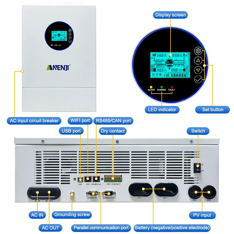 ANENJI Split Phase 12KW 48V Hybrid Solar Inverter 120V 220V Parallel Inverter Pure Sine On Grid MPPT 200A Solar Charger PV 500V