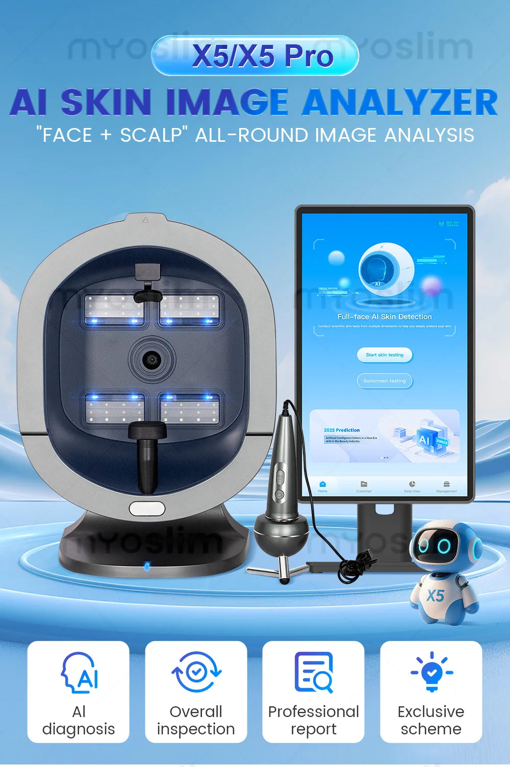 X5 3D Ai Skin Image Analyzer 21.5 inch High Definition Pixels Whole Facial Scanning Multi Spectrum Moisture Scalp Detection CE