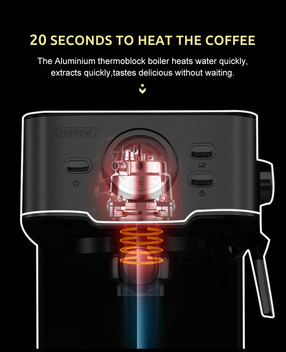 HiBREW Coffee Machine Cafetera 20 Bar Espresso inox Semi Automatic Expresso Cappuccino Hot Water Steam Temperature Display H5