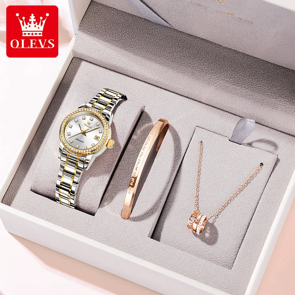 OLEVS Automatic Watch for Women Diamond Gold Luxury Stainless steel Elegant Original Women's Automatic Watch Necklace Gift Set