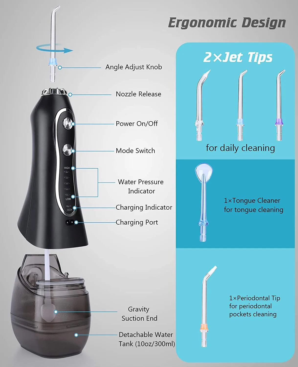 KinseiBeauty 5 Modes Oral Irrigator Teeth Whitenin Portable Dental Flosser USB Rechargeable 300ml Tank Water Flosser Dental