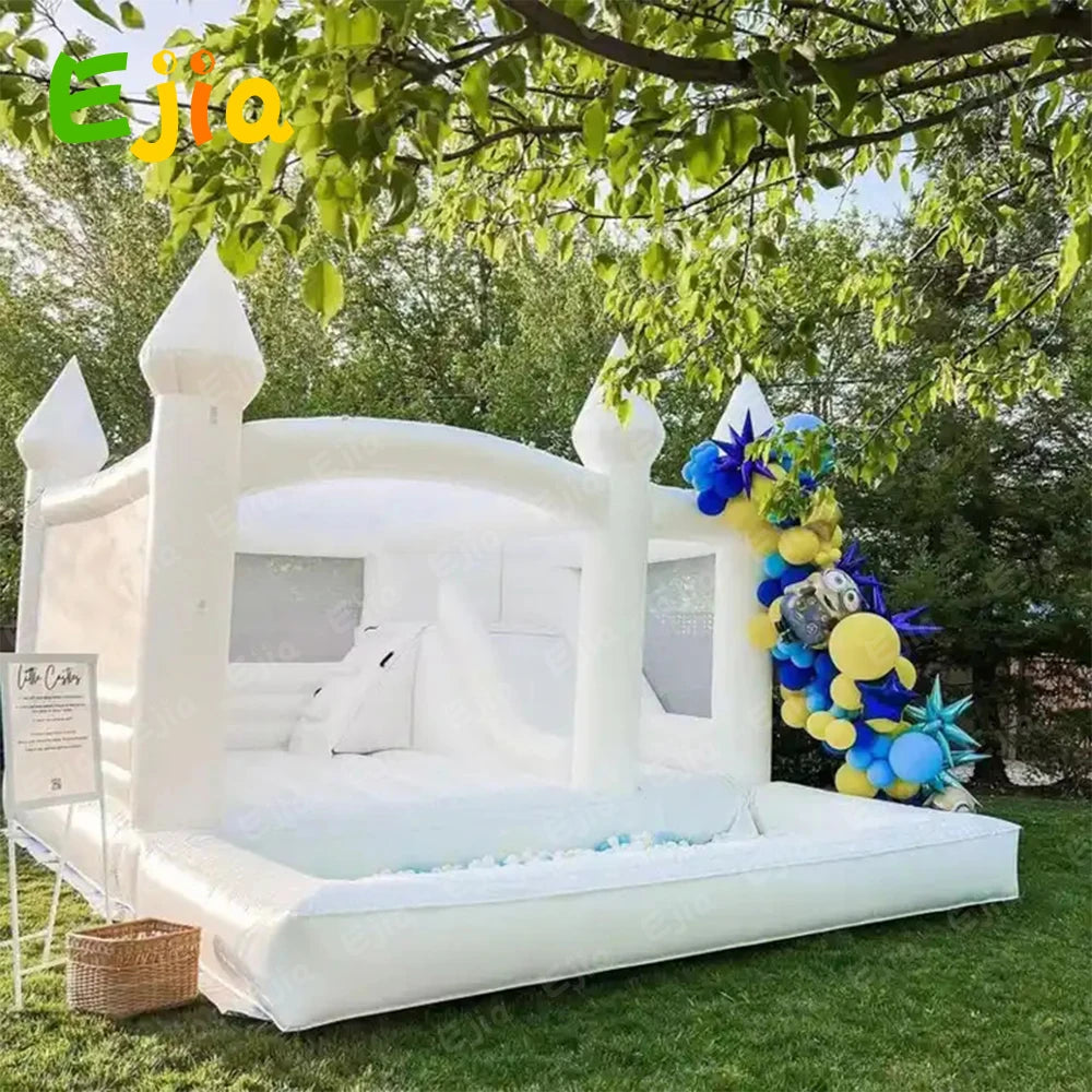 15FT PVC White Bounce House With Slide & Ball Pit, Large Jumper Bouncy Inflatable Castle For Wedding, Birthday, Party Decoration