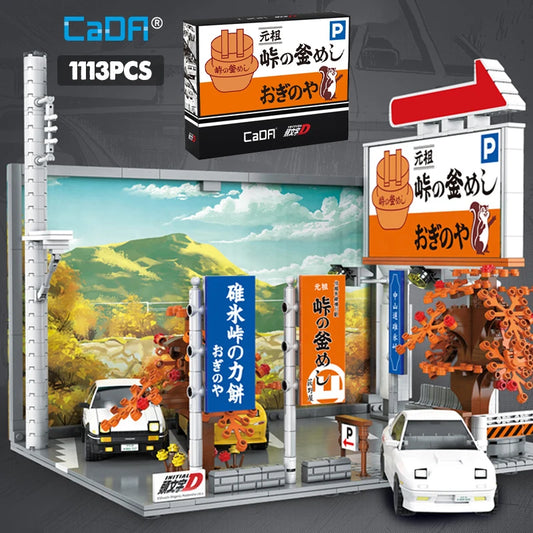 Cada Anime Initial D Tofu Shop House Model Building Blocks City Japanese Racing Car Parking Lot Bricks Toys Kid Gifts With LED