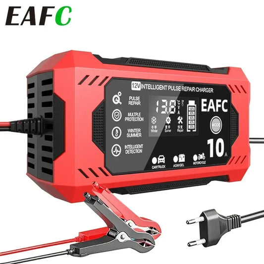 EAFC 12V 10A Car Battery Charger 6A Full Smart Charger Pulse Repair LCD Display Fast Charging Car Motorcycle AGM Gel Wet