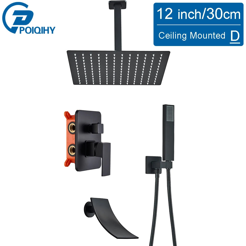 POIQIHY Embedded In Wall Shower Faucet Rainfall Stainless Steel 8/10/12/16" Shower Head Faucet Shower Tap Mixers Matte Black