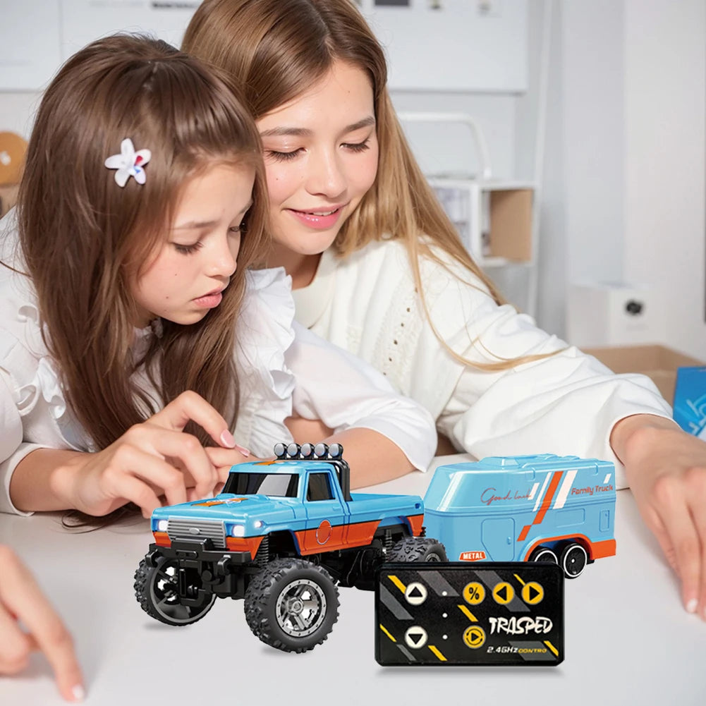 Mini RC Monster Truck with Lights & Trailer All Terrain Off-Road Truck Toy 1:64 Scale Adjustable Speed/Steering for Kids Gifts