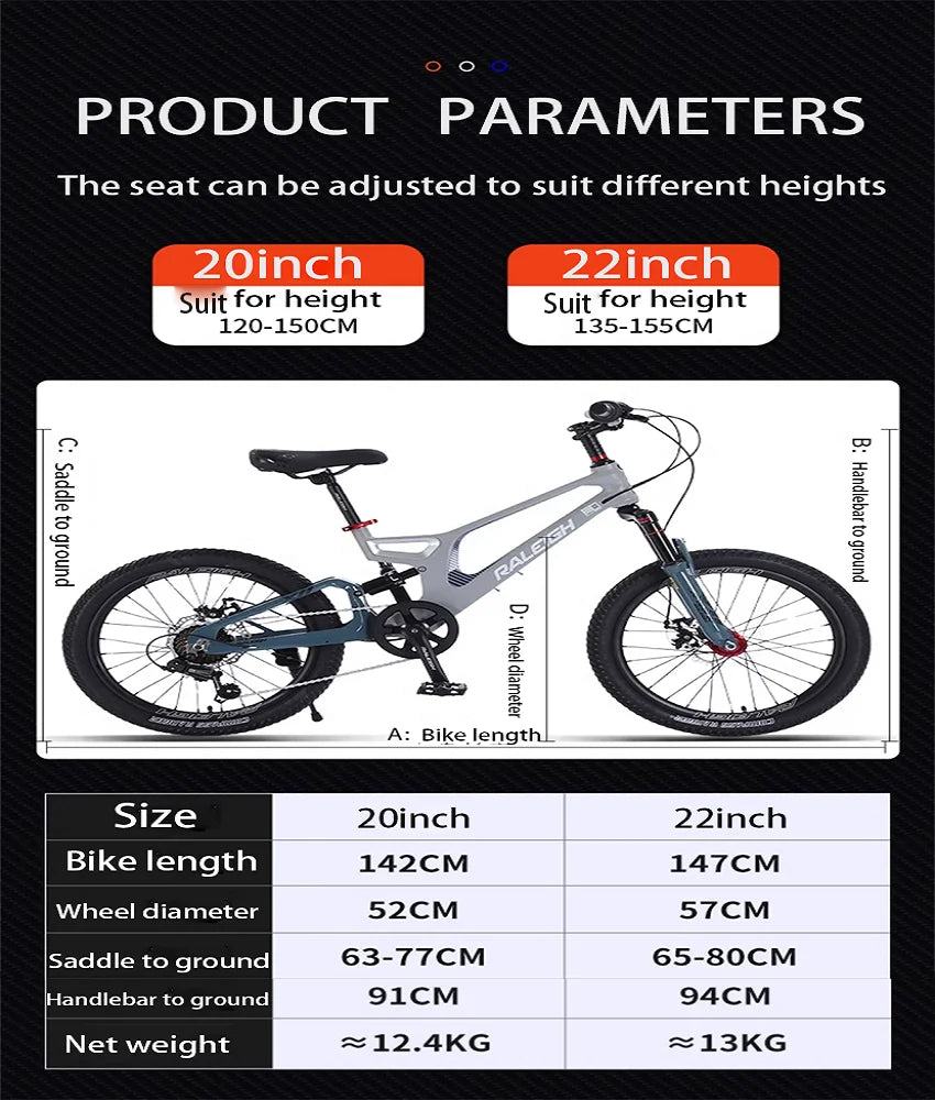 Magnesium Alloy Mountain Bike for Kids, 20 ", 22", for Big Kids, Boys and Girls