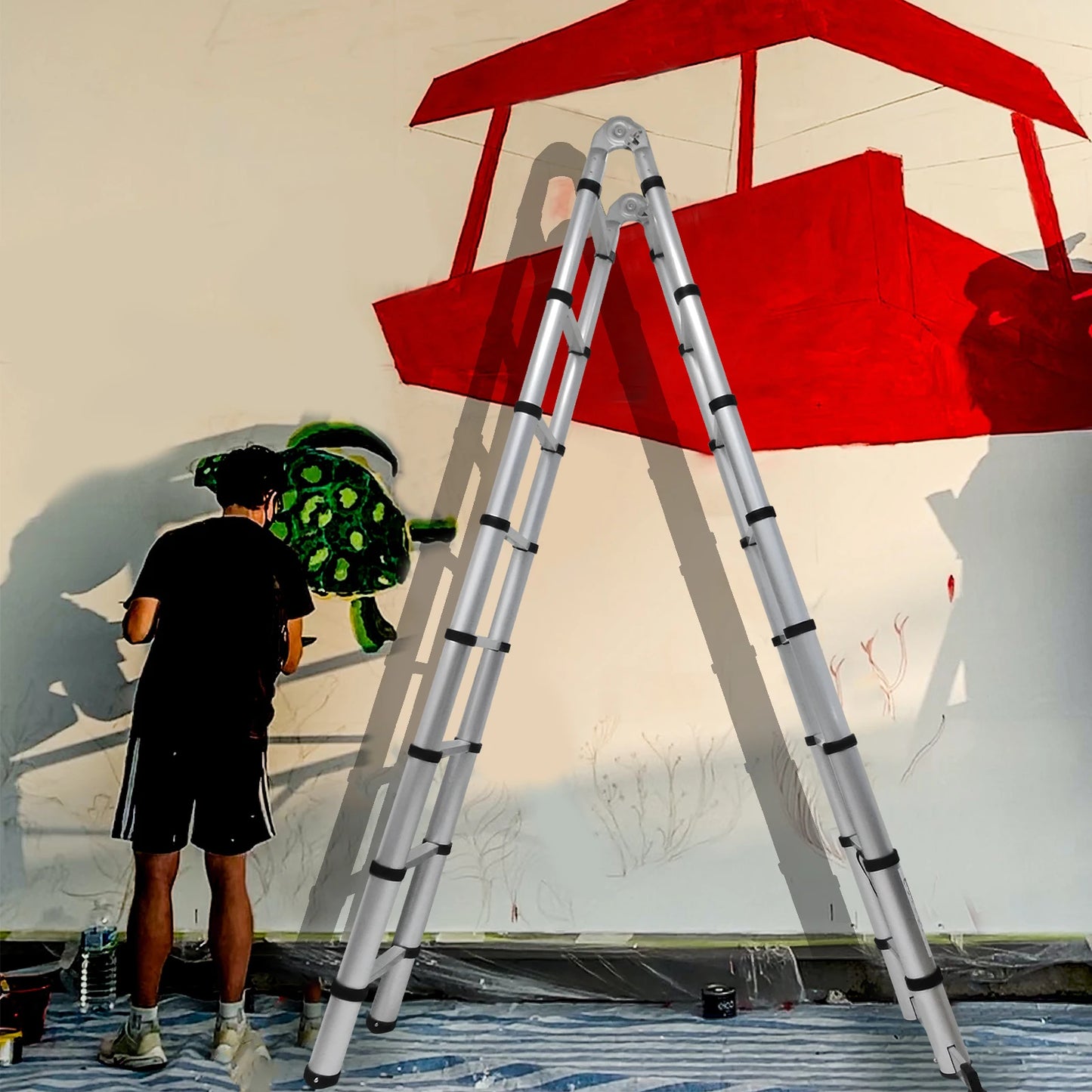 3.8M/5M Portable Folding Ladder ,Household  Telescopic A-Frame & Vertical Ladder , Aluminum & Stainless Steel, No Slip,150kg