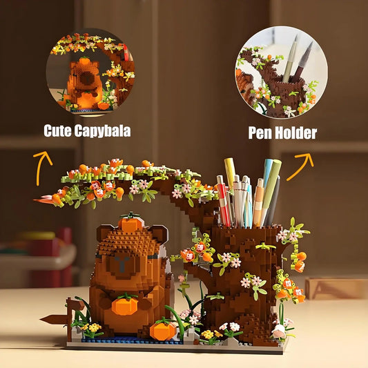 Capybara Building Block Pen Holder Panda Desk Organizer for Office Supplies Cosmetics Birthday Gift Desktop Decoration