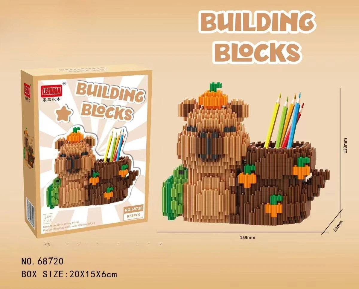 Capybara Building Block Pen Holder Panda Desk Organizer for Office Supplies Cosmetics Birthday Gift Desktop Decoration