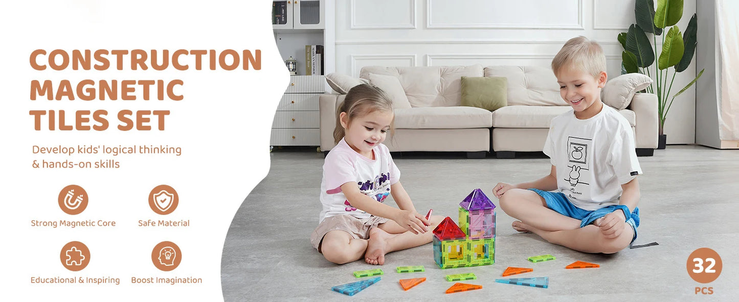 SucceBuy 32PCS Light Magnetic Tiles Building Blocks Magnet Educational STEM Sensory Stacking Toys for Toddlers Boys Girls Gifts