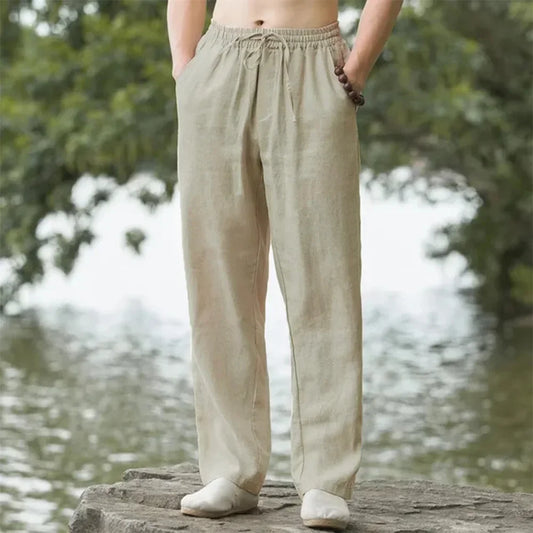 2025 summer men's cotton and linen oversized wide leg pants, men's artistic style elastic waist solid color casual loose pants