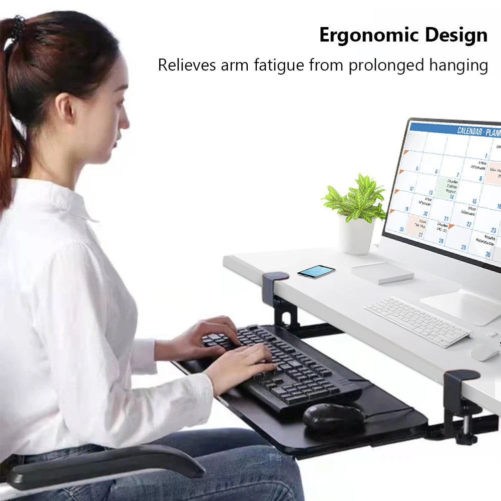 Ergonomic Clamp-On Keyboard Tray Sliding under Desk Platform Retractable Computer Desk Organizer Office Keyboard Drawer