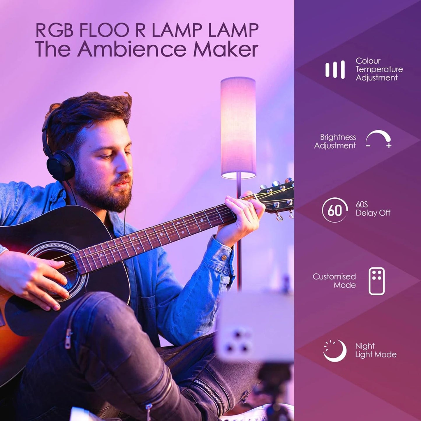 US Modern Floor Lamp Standing Tall Light Foot  for Bedroom Living Room Study Room  RGB Floor Lamp Study Room Floor Lamp