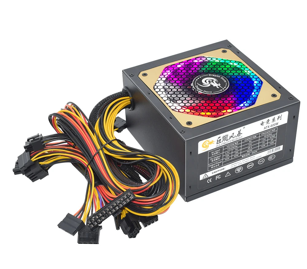 110/230V ATX 400W 600W RGB Colorful Silent Fan PSU 24Pin 12V Desktop E-Sports Video Game Computer Power Supply