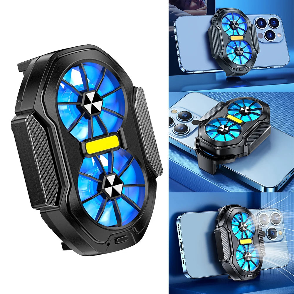 Dual Fan Mobile Phone Cooler Plug-in/Rechargeable Phone Cooler Air Cooling Type-C with Blue Light for Android Smartphones iPhone