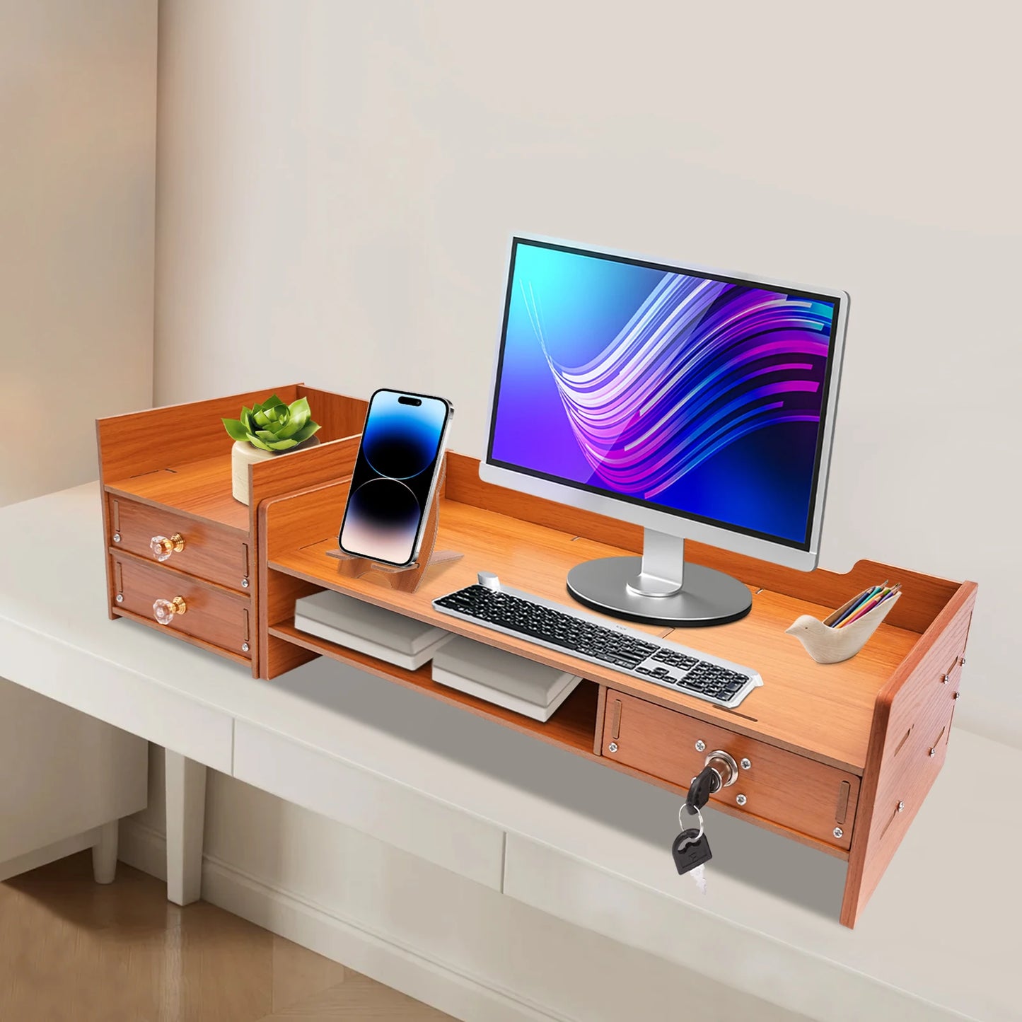 Wooden Desk Organizer W/ Drawer File Storage Desk Monitor Riser Computer Stand