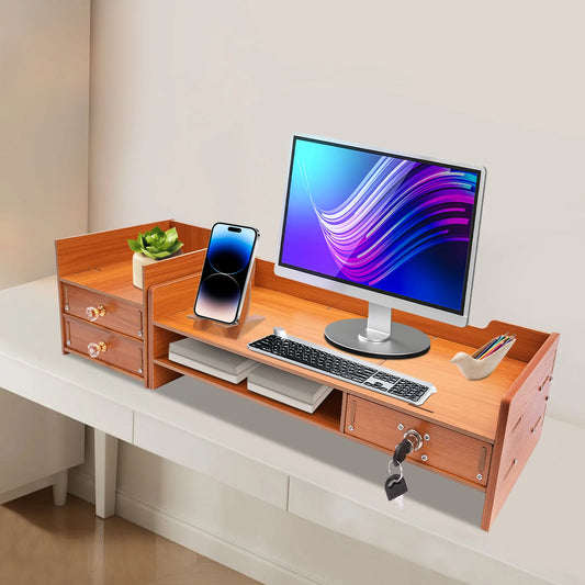 Wooden Desk Organizer W/ Drawer File Storage Desk Monitor Riser Computer Stand