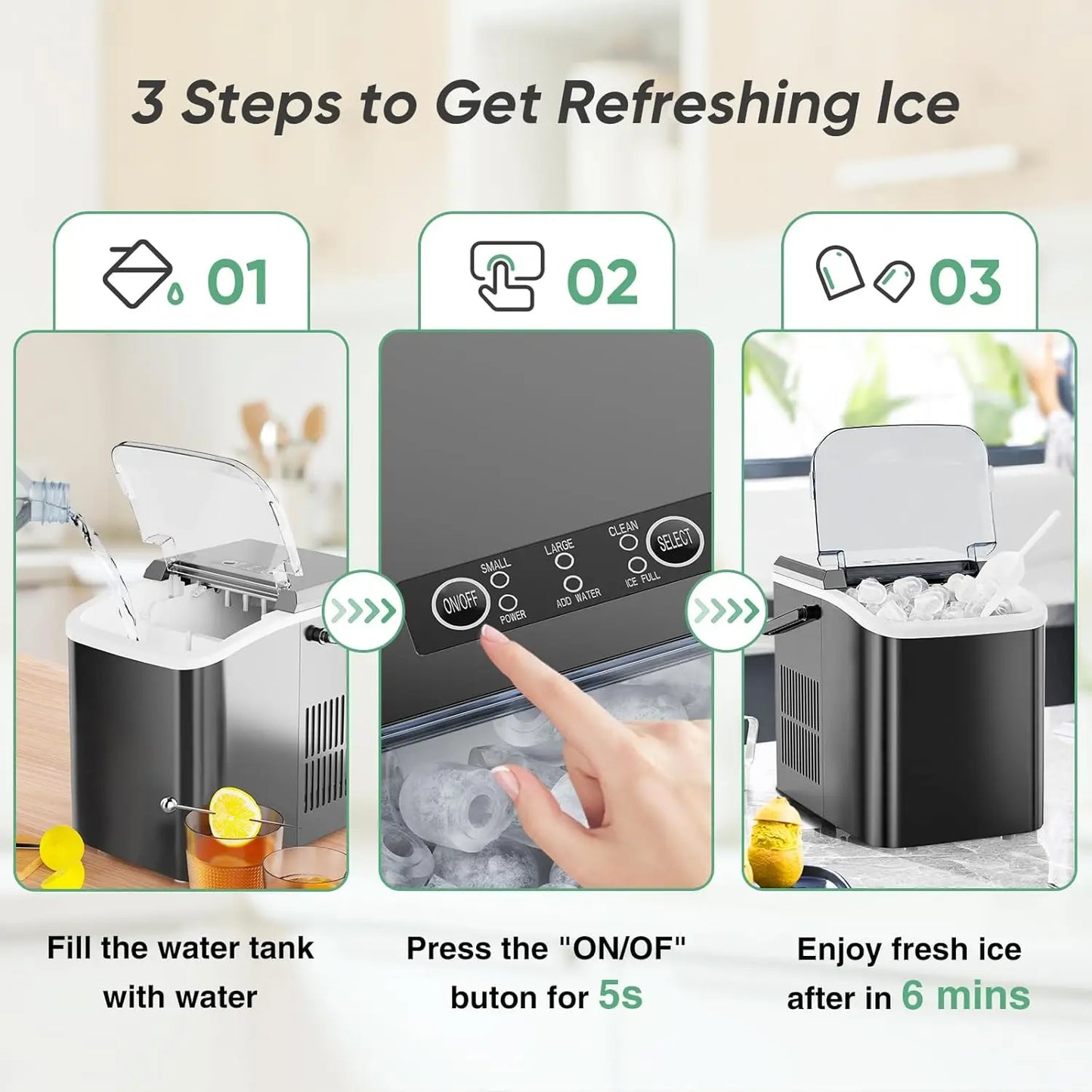 Portable Ice Maker, 26lbs/24H, 9 Cubes in 6 Mins, Self-Cleaning & Quiet for Home, Kitchen, RV, Camping