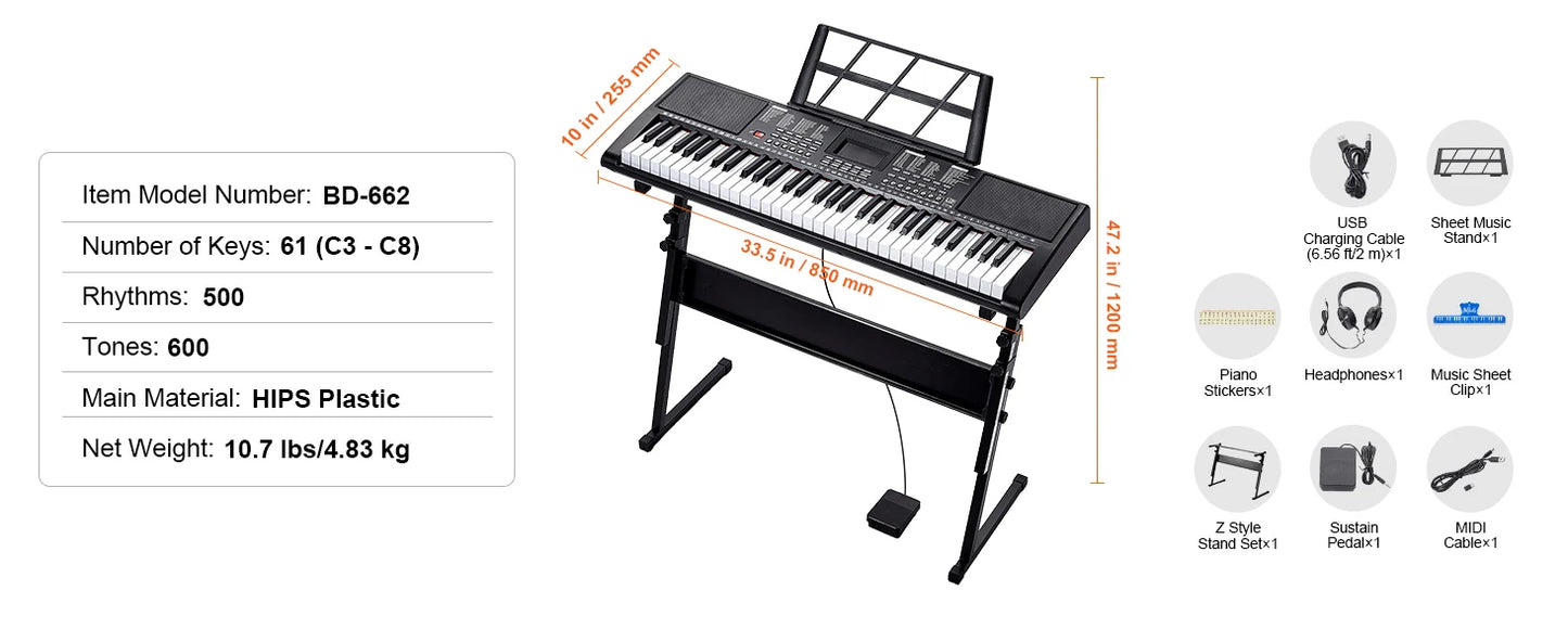 SucceBuy 61 Key Digital Keyboard Piano Electric Portable Piano 200 Tones 200 Rhythms or 600 Tones 500 Rhythms for Beginner Use