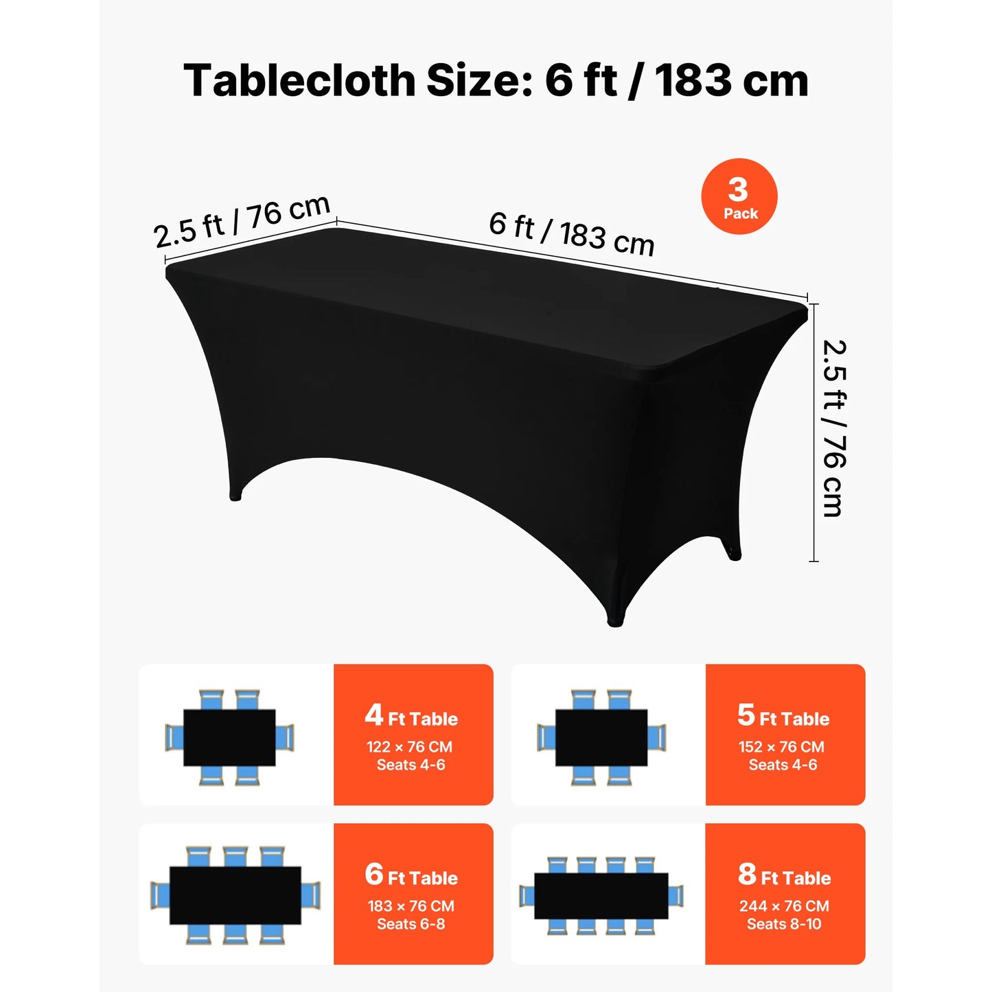 SucceBuy 3/6/10 Pack Table Cloth for Rectangular Fitted Events Wrinkle-Resistant Stretch Black Table Covers Washable Tablecloth