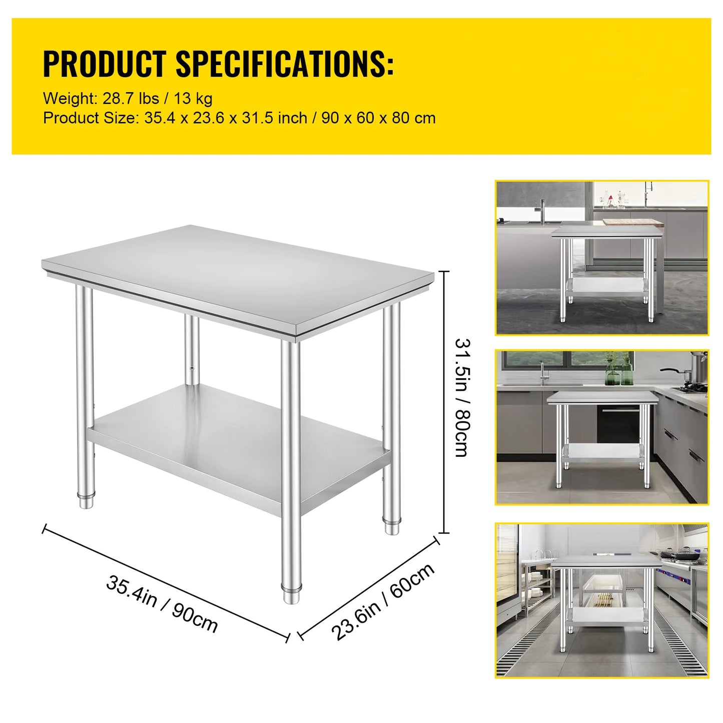 SucceBuy Stainless Steel Kitchen Work Bench Commercial Catering Table Worktable w/Undershelf 330LBS 286LBS for Restaurant Garage