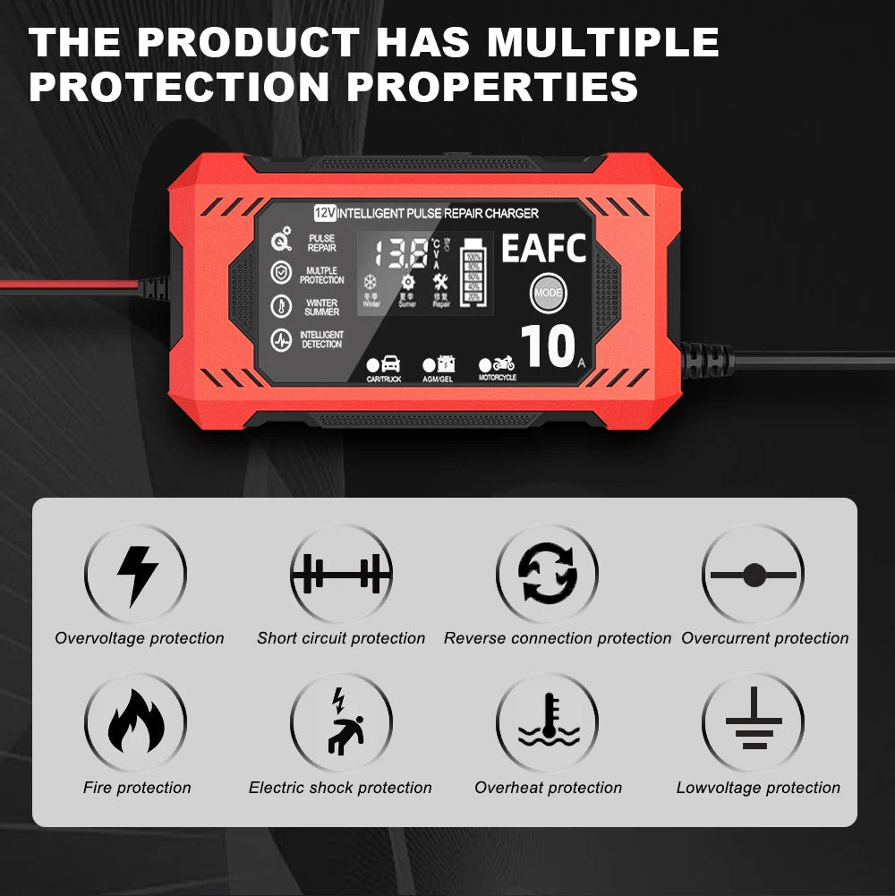 EAFC 12V 10A Car Battery Charger 6A Full Smart Charger Pulse Repair LCD Display Fast Charging Car Motorcycle AGM Gel Wet