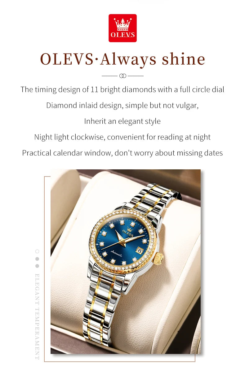 OLEVS Automatic Watch for Women Diamond Gold Luxury Stainless steel Elegant Original Women's Automatic Watch Necklace Gift Set