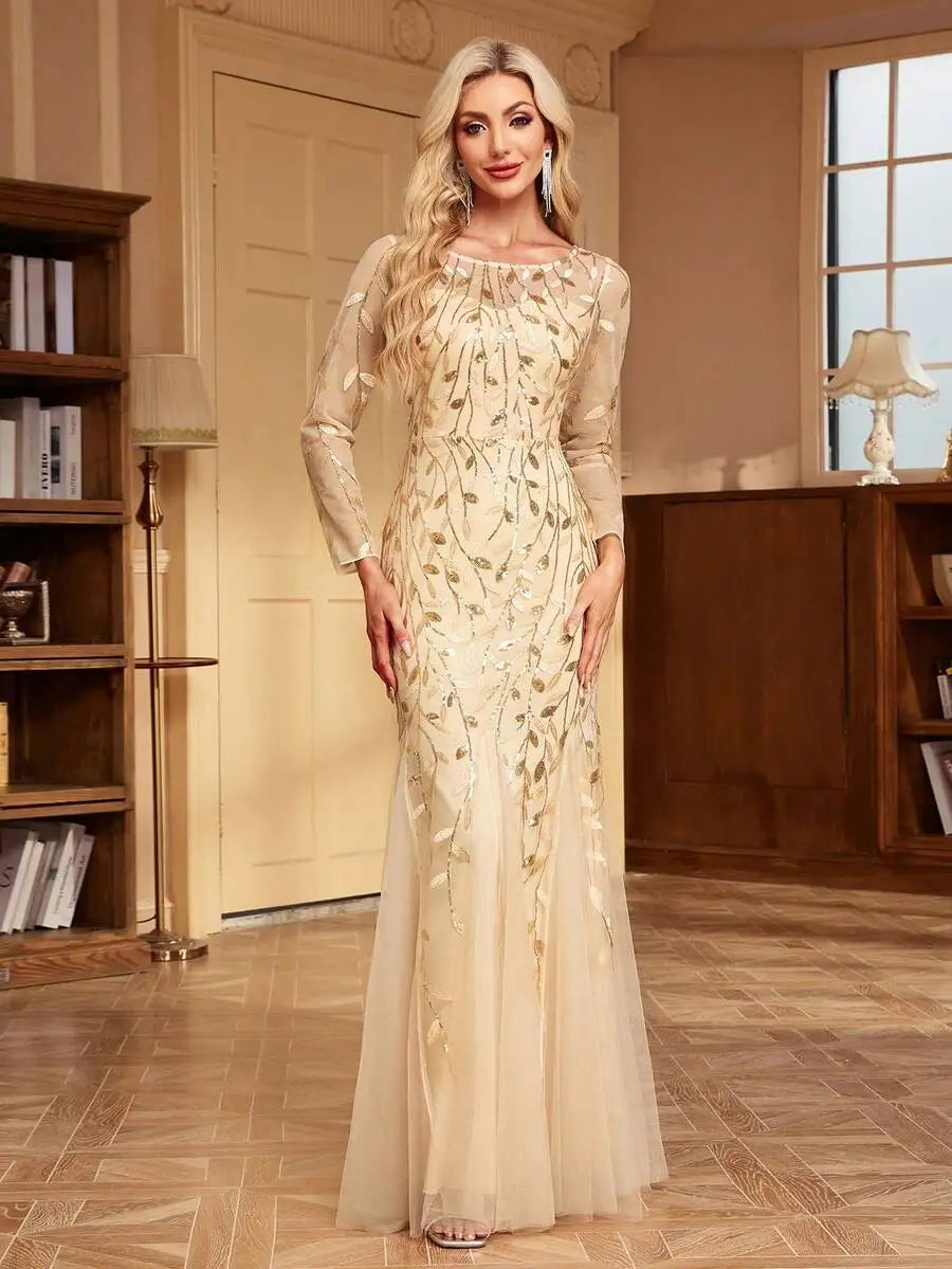 Elegant Gold Sequin Embroidered Mesh Mermaid Evening Dress for Prom Wedding Guest
