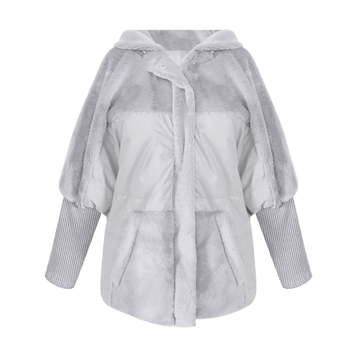 Women's Loose Cotton Coat Faux Fur Patchwork Winter Coat Comfort Chic Long Sleeve Hooded Jacket