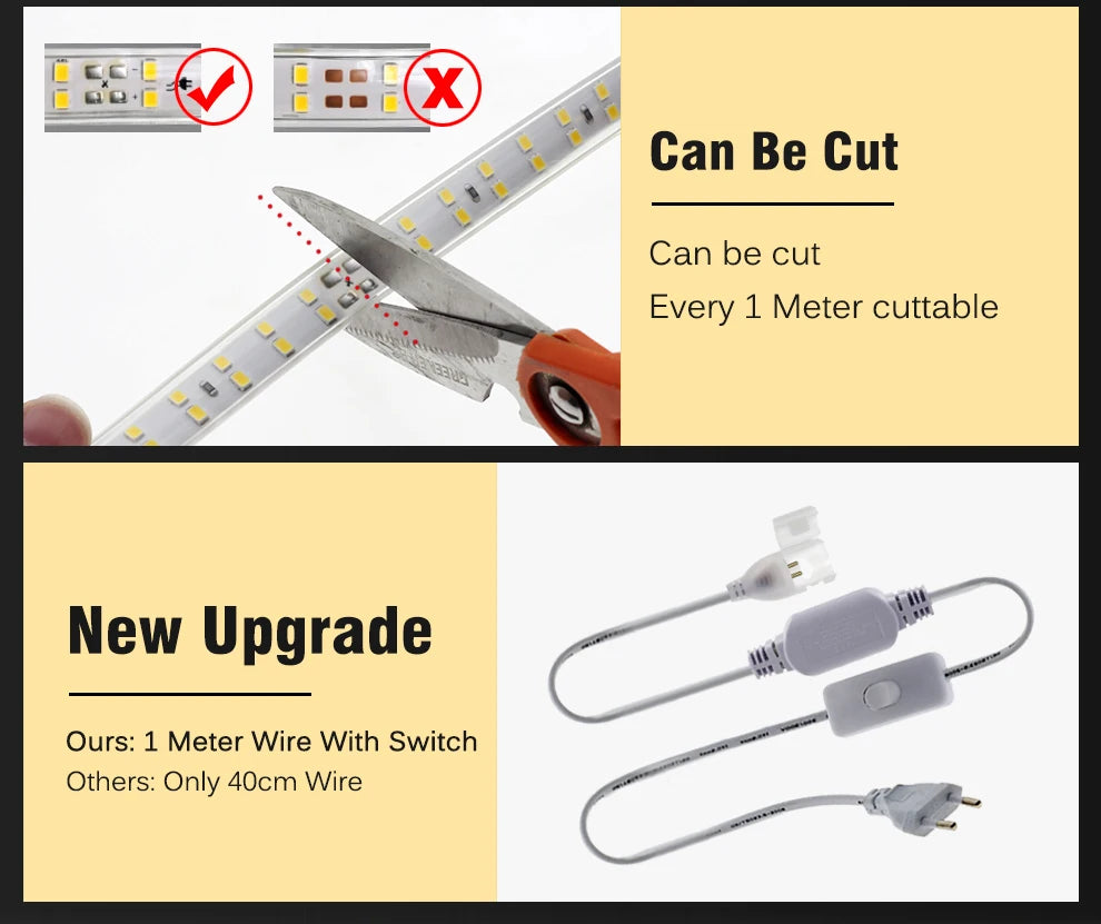 220V LED Strip 2835 High Safety High Brightness 180LEDs/m3000K 4000K 6000K Flexible LED Light Outdoor Waterproof LED Strip Light