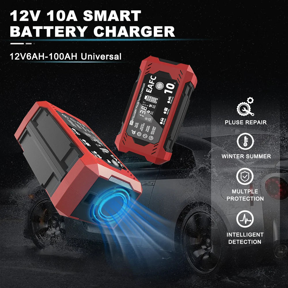 EAFC 12V 10A Car Battery Charger 6A Full Smart Charger Pulse Repair LCD Display Fast Charging Car Motorcycle AGM Gel Wet