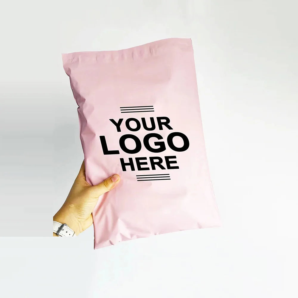 50 matte apricot pink shipping bags, suitable for clothing, parties, and gifts. Custom logos supported.