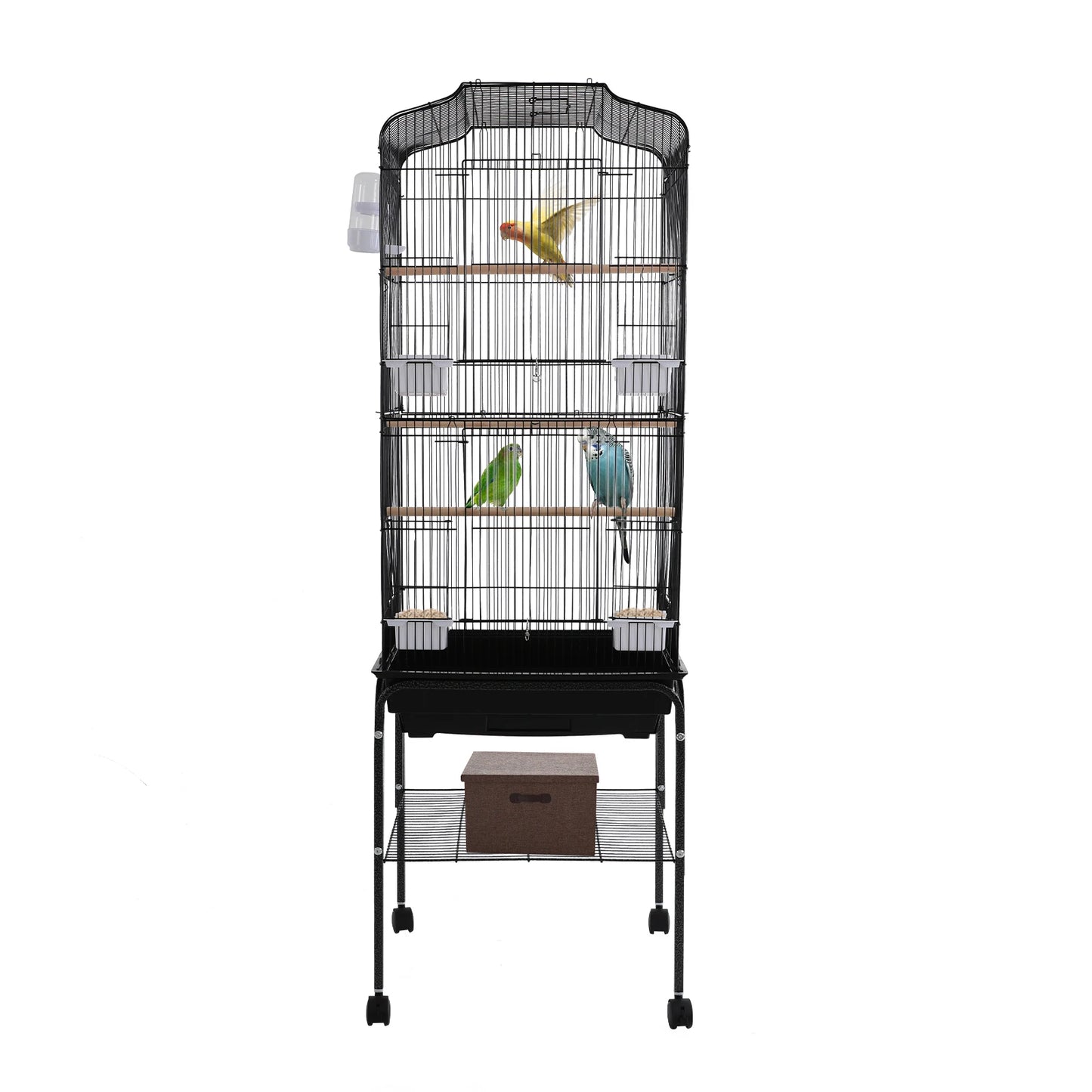 Large Bird Cage with Stand & Wheels, 47x37x137cm Flight Cage for Cockatiels Parrots Finches with Lockable Door (White/Black))