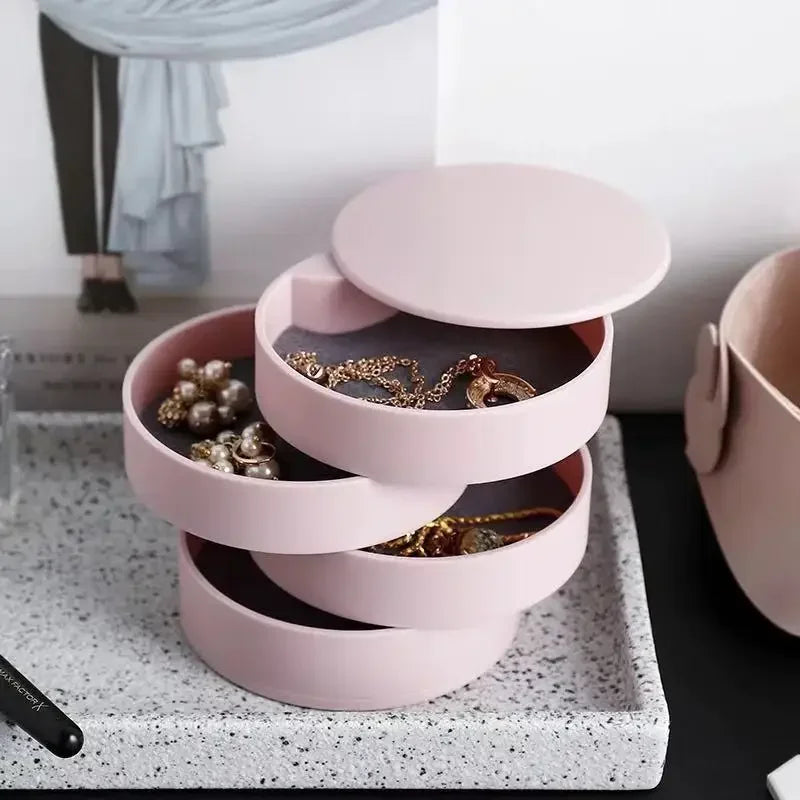 4 Layers Rotating Jewellery Storage Box Women Necklace Desk Organizer Earring Holder Travel with Lid for Ring Bracelet  Storage
