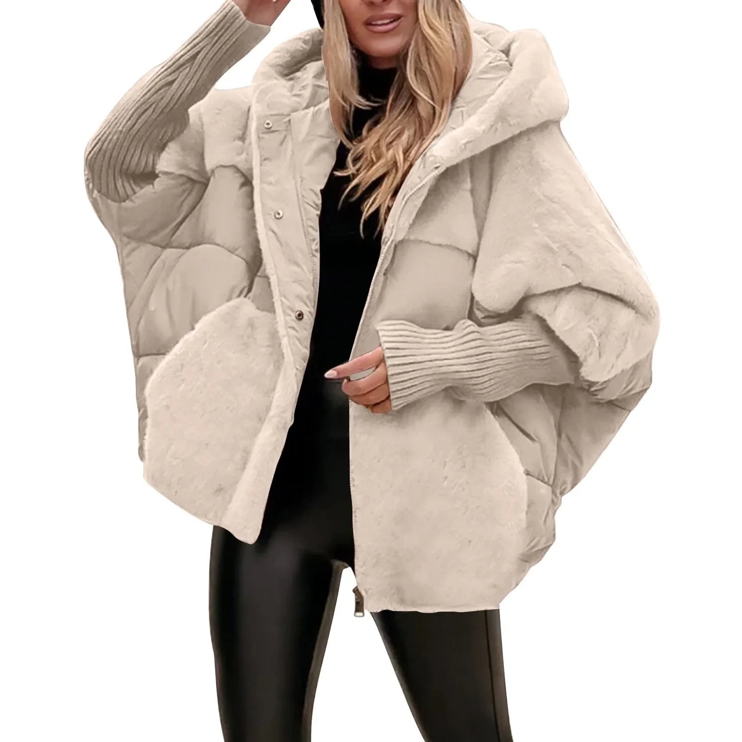Women's Loose Cotton Coat Faux Fur Patchwork Winter Coat Comfort Chic Long Sleeve Hooded Jacket
