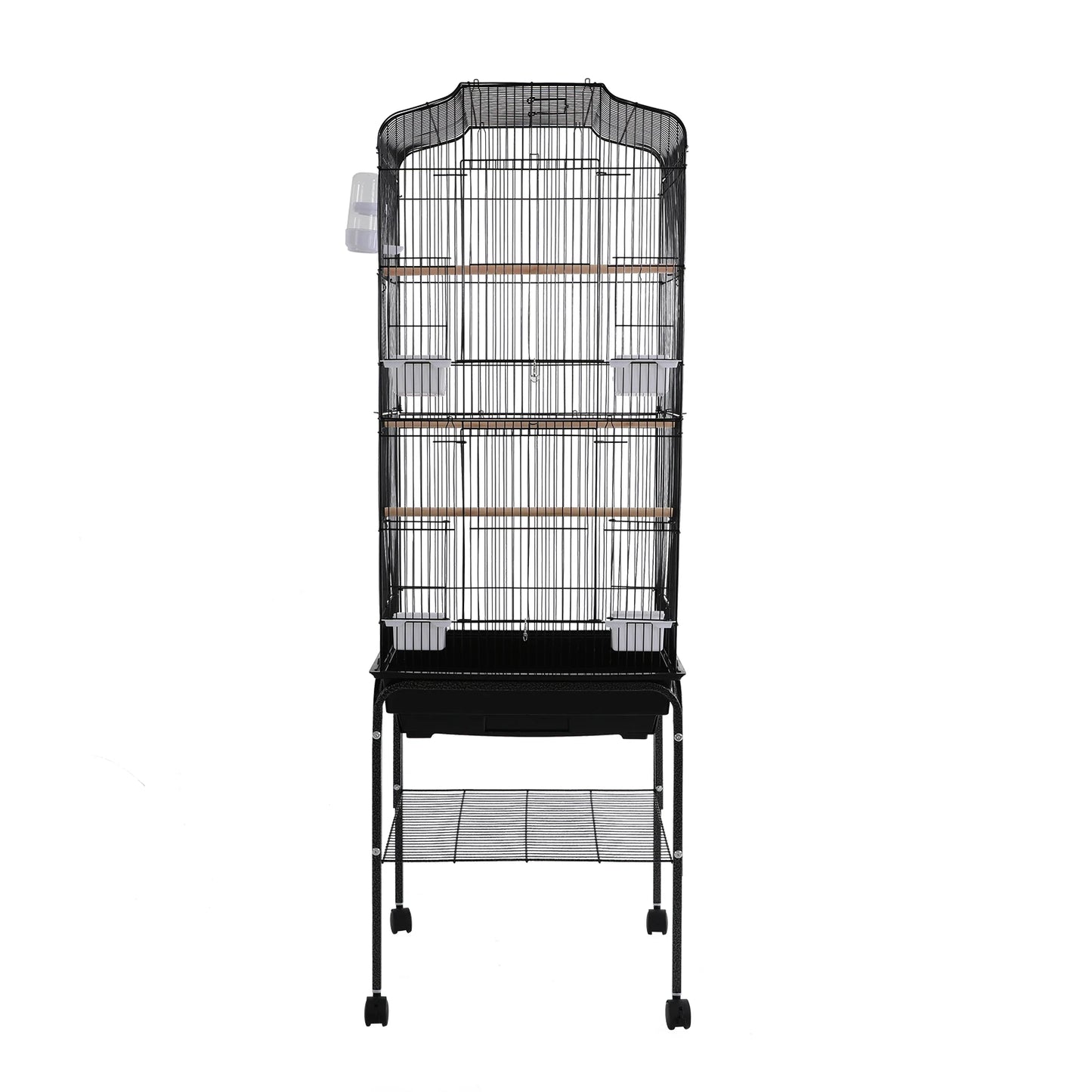 Large Bird Cage with Stand & Wheels, 47x37x137cm Flight Cage for Cockatiels Parrots Finches with Lockable Door (White/Black))