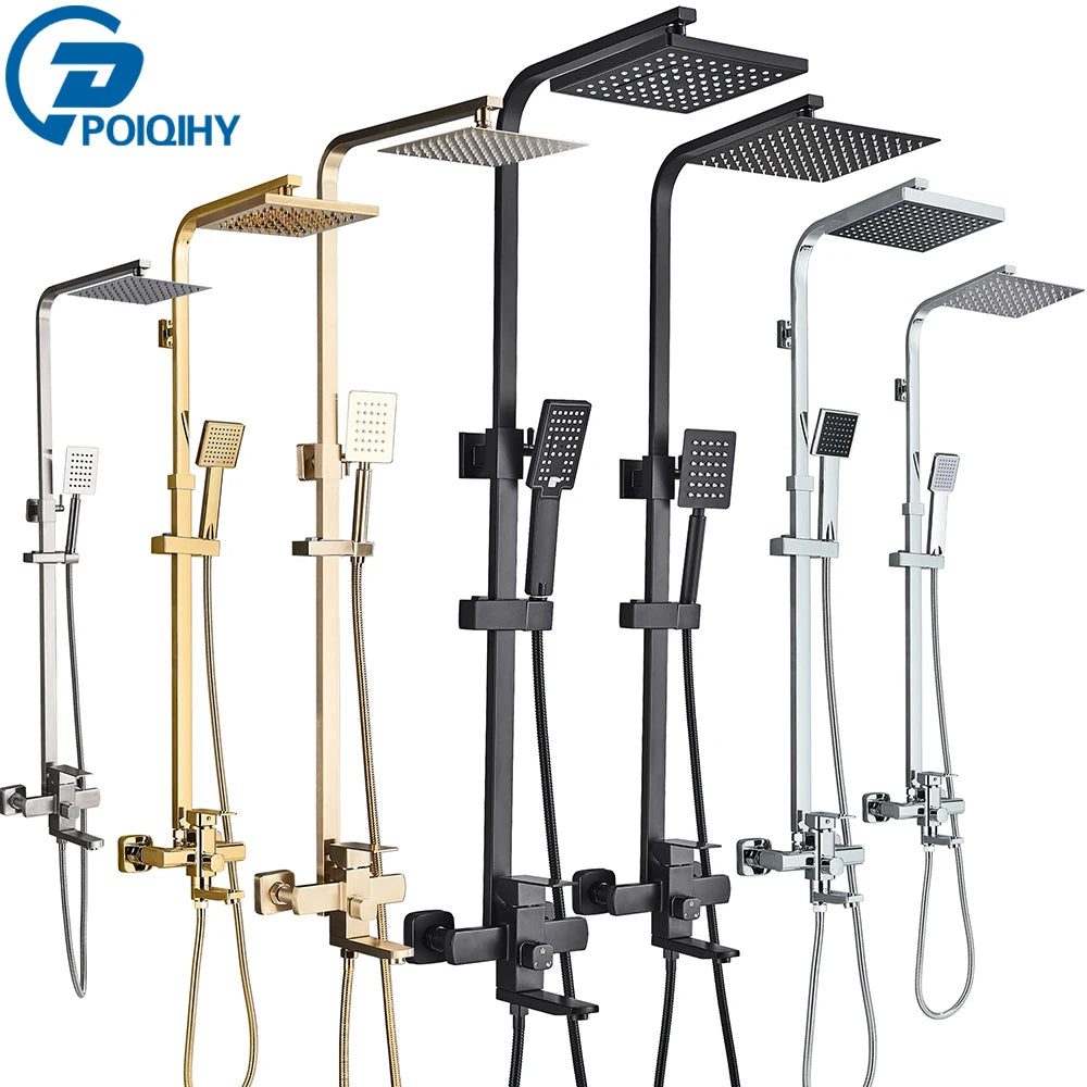 POIQIHY Black Bathroom Shower Faucet Set Wall Mount Black 8''Rainfall Shower Head With Handheld Sprayer Bathtub Shower Mixer