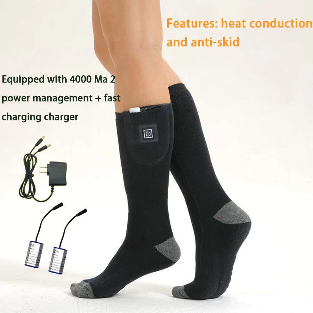1Pair Winter Heated Socks Anti Slip Battery Powered Cold-Proof Skiing Sock Heating Warm Long Socks For Hiking Without battery
