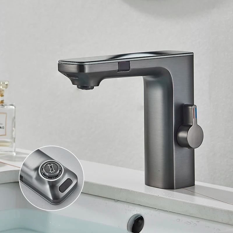 Luxury Silver Gray Smart LCD Daul Sensor Bathroom Basin Faucet Zinc Alloy Deck Mount Cold Hot Water Mixer Bathroom Sink Tub Tap