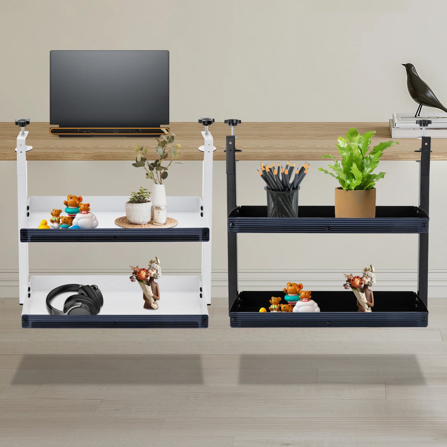 Adjustable 2-Tier Desk Shelf Clamp-On Storage Tray for Displaying Photos Decorations Clip-On Desk Organizer Shelf