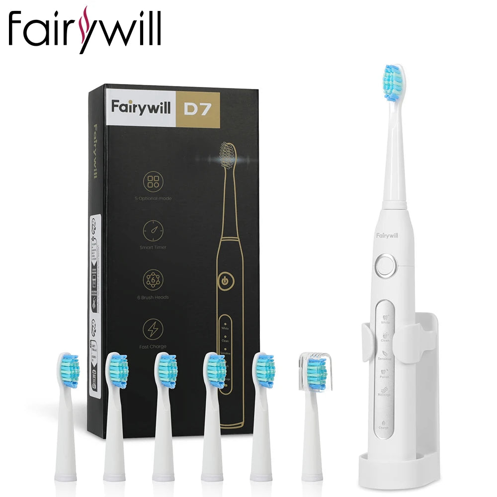 Fairywill Electric Sonic Toothbrush FW-D7 USB Charge Rechargeable Adult Waterproof Electronic Tooth Brushes Replacement Heads