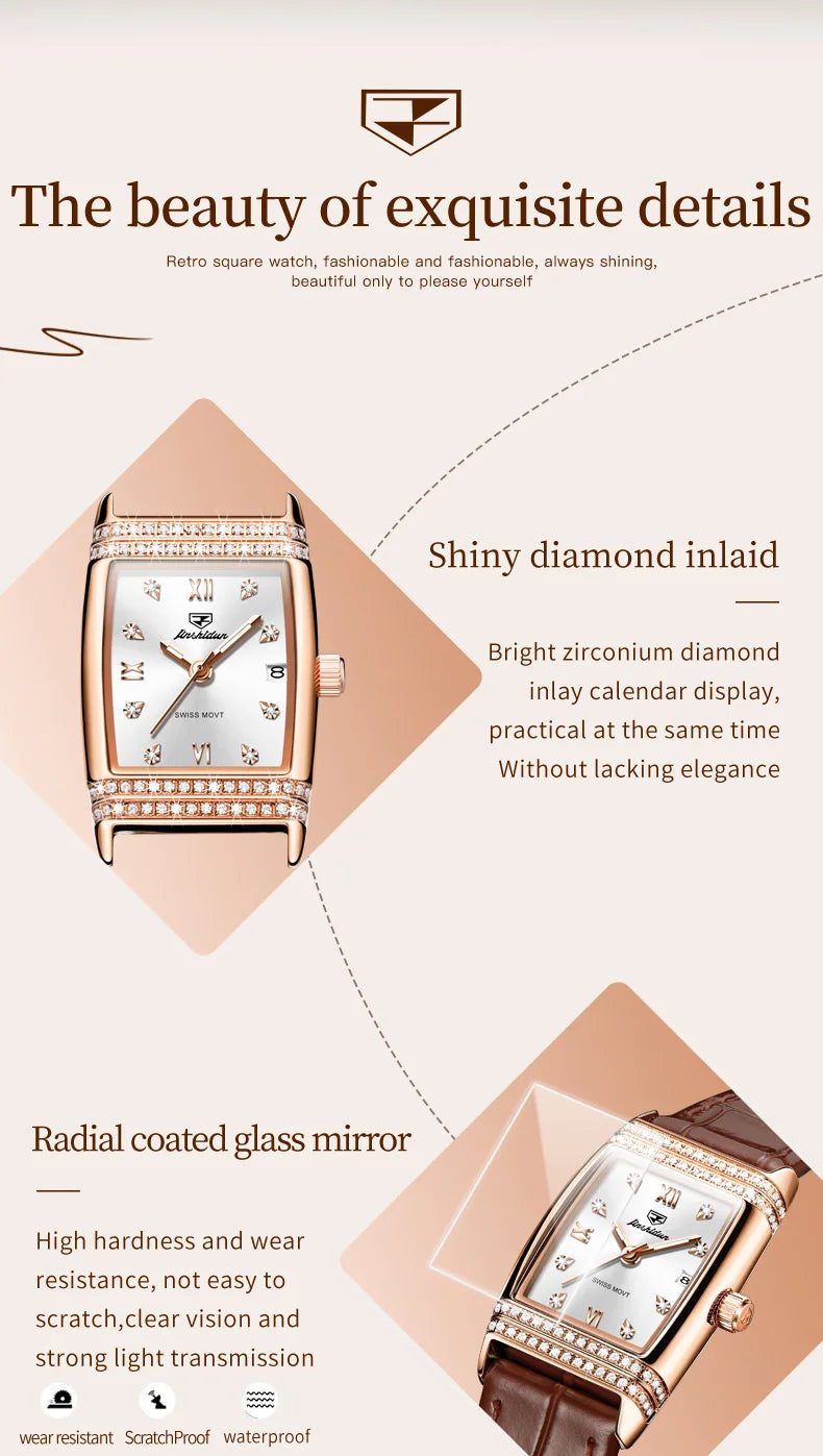 JSDUN Woman Watch Luxury Diamond Dial Comfortable Leather Watchband Fashion Square Rose Gold Quartz Wristwatches Montre Femme