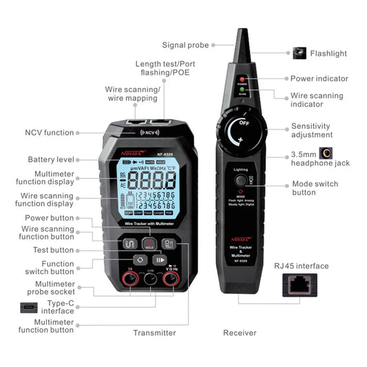NOYAFA NF-8509 2 in 1 Network Cable Tester Detect Length Digital Multimeter Cable Tracker Cat5 Cat6 PoE Tester Continuity Test