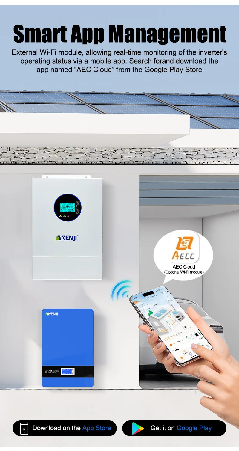 ANENJI Split Phase 12KW 48V Hybrid Solar Inverter 120V 220V Parallel Inverter Pure Sine On Grid MPPT 200A Solar Charger PV 500V