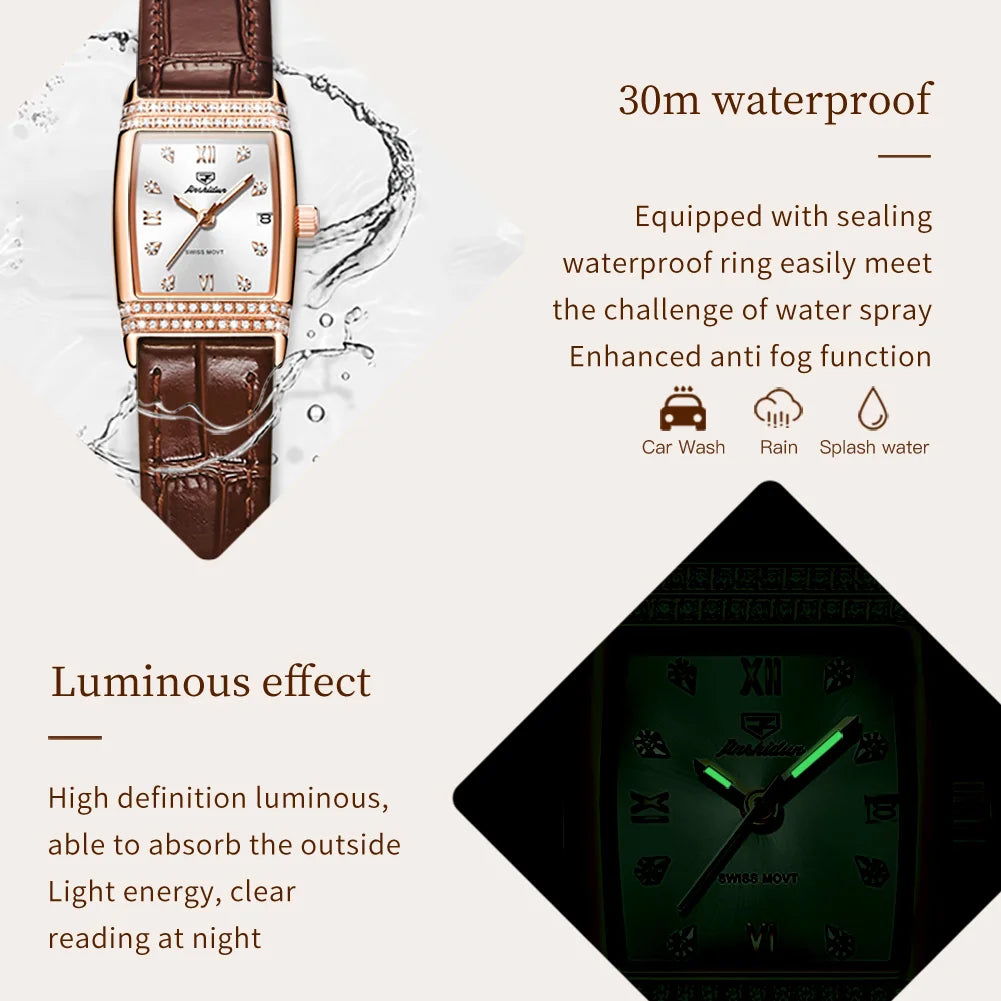JSDUN Woman Watch Luxury Diamond Dial Comfortable Leather Watchband Fashion Square Rose Gold Quartz Wristwatches Montre Femme