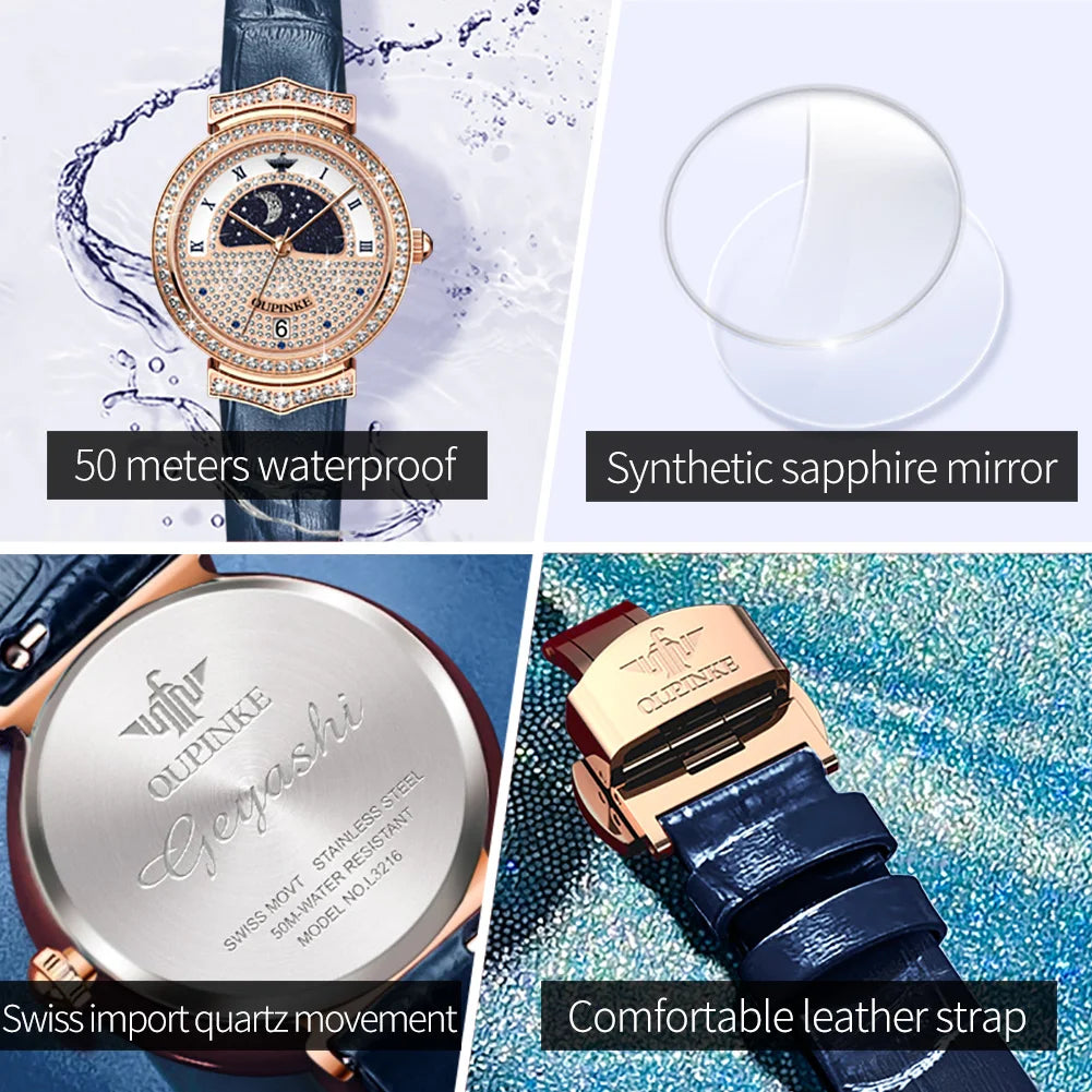 OUPINKE 3216 Woman Watch Waterproof Roman Scale Moon Phase Quartz Watch For Women Luxury Original Diamond Date Ladies Hand Clock